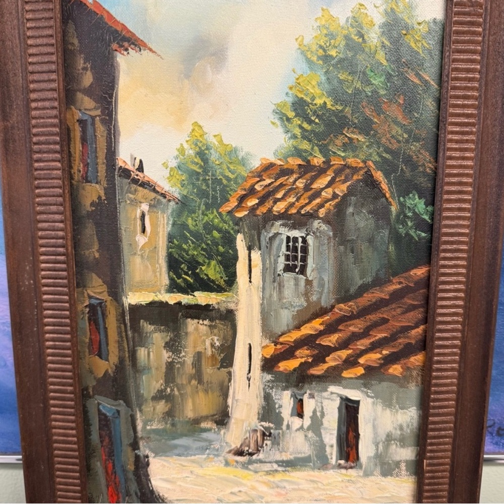 Framed Village Landscape Oil Painting in French country - Picture 3 of 7